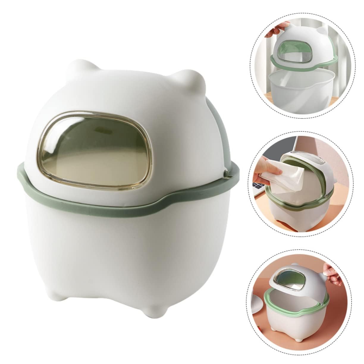 KEYOZA Trash Can Cartoon Bear Large Capacity Wide Opening Anti-slip with Lid Dust Case Flip Cover Mini Desktop Garbage Storage Bin (GREEN)