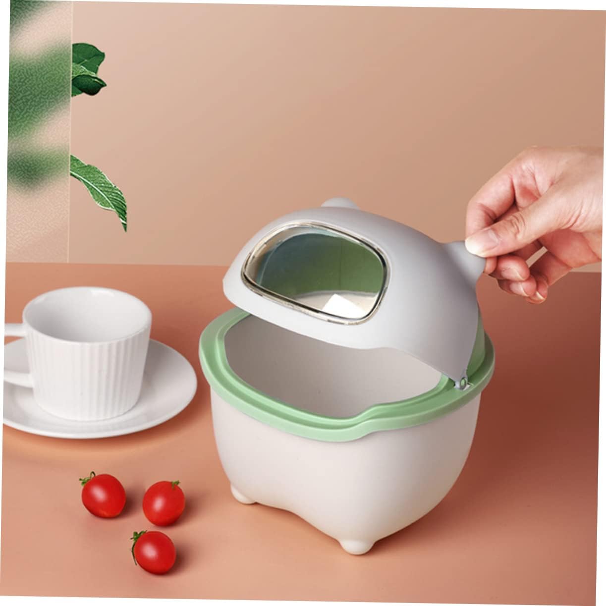 KEYOZA Trash Can Cartoon Bear Large Capacity Wide Opening Anti-slip with Lid Dust Case Flip Cover Mini Desktop Garbage Storage Bin (GREEN)