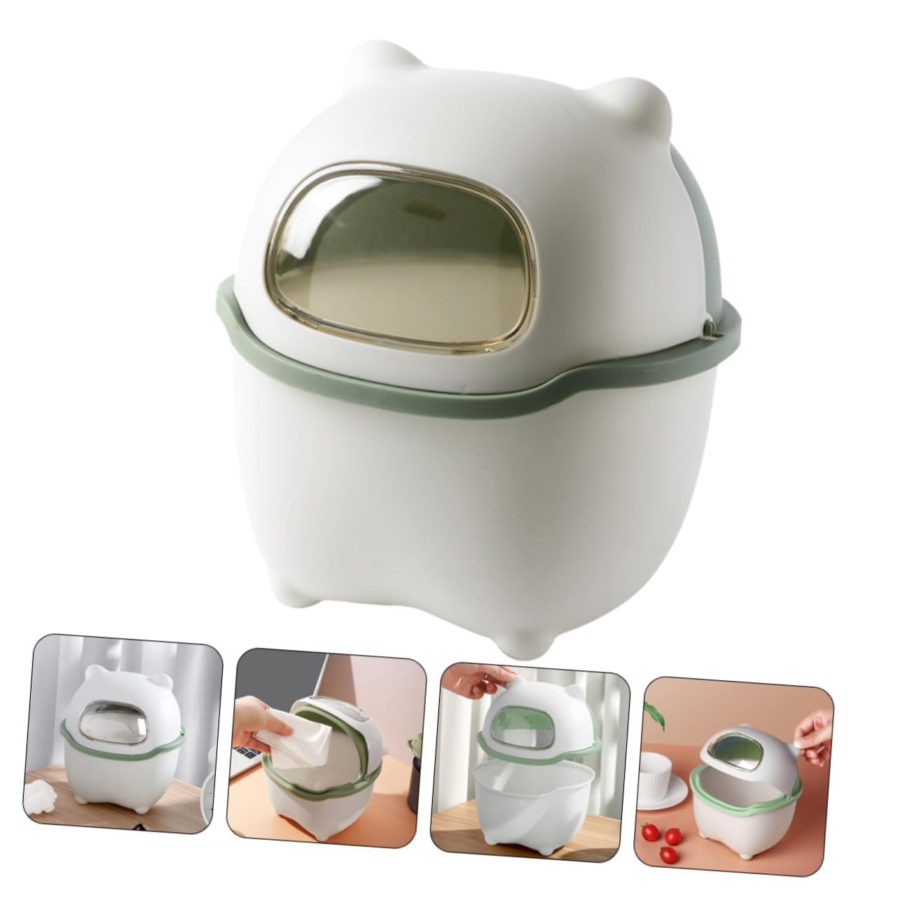 KEYOZA Trash Can Cartoon Bear Large Capacity Wide Opening Anti-slip with Lid Dust Case Flip Cover Mini Desktop Garbage Storage Bin (GREEN)