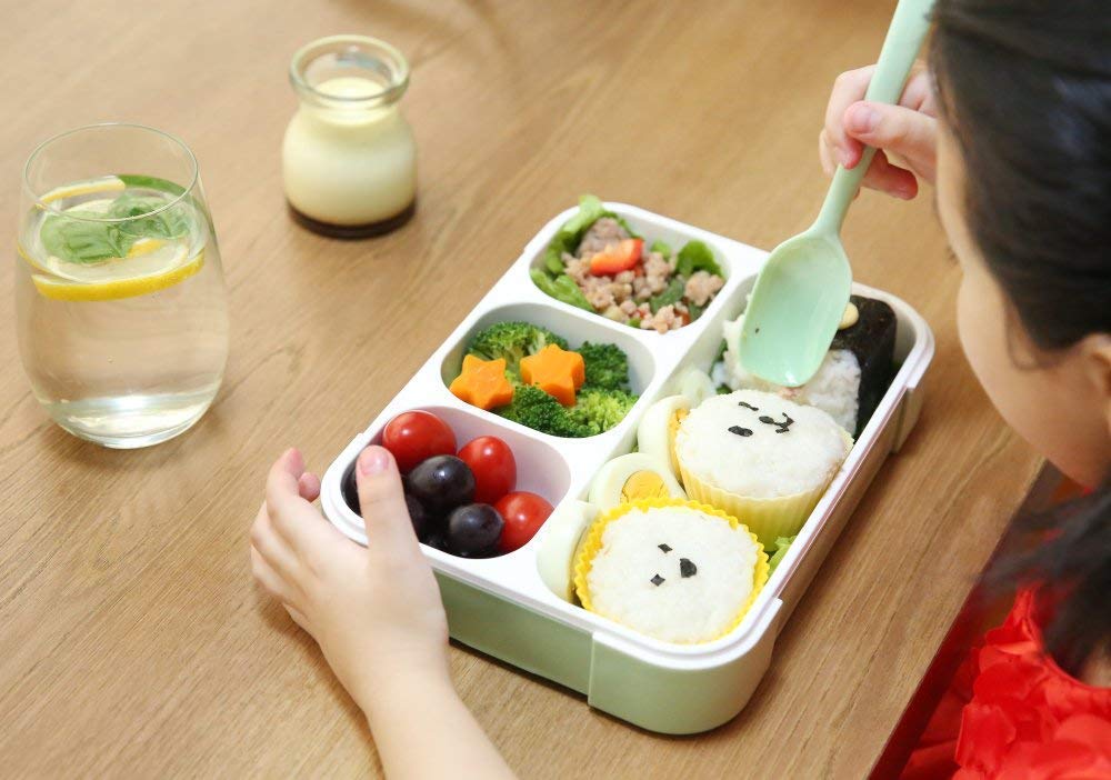 REDITEX Plastic Leak Proof 4 Compartment Lunch Box Reusable Microwave Freezer Safe Food Containers with Spoon for Adults and Kids (1Pc-Multicolor),1100ML