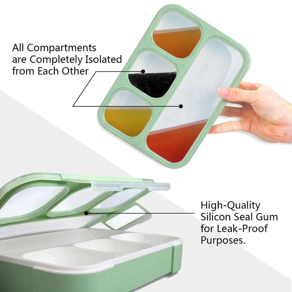 REDITEX Plastic Leak Proof 4 Compartment Lunch Box Reusable Microwave Freezer Safe Food Containers with Spoon for Adults and Kids (1Pc-Multicolor),1100ML