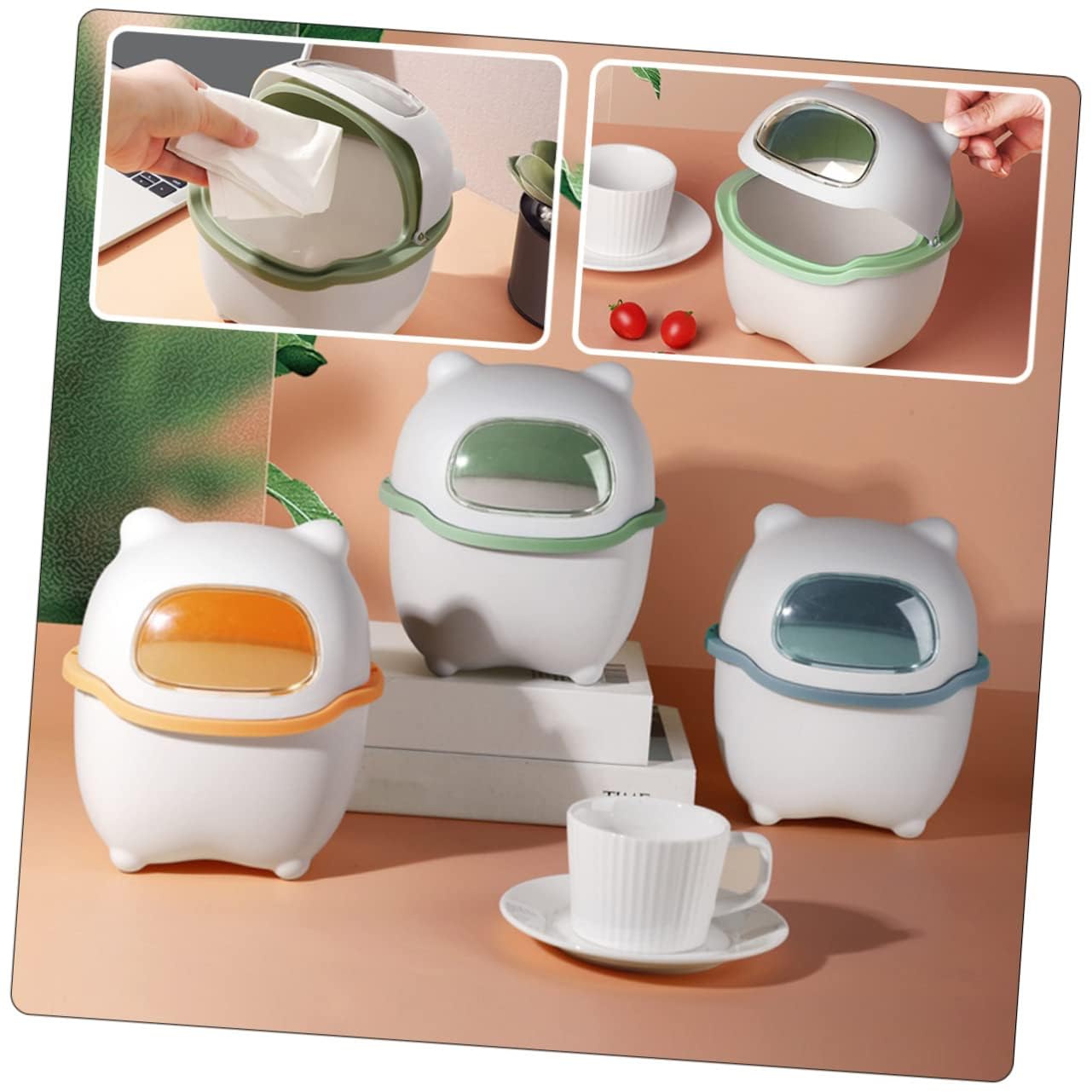 KEYOZA Trash Can Cartoon Bear Large Capacity Wide Opening Anti-slip with Lid Dust Case Flip Cover Mini Desktop Garbage Storage Bin (GREEN)