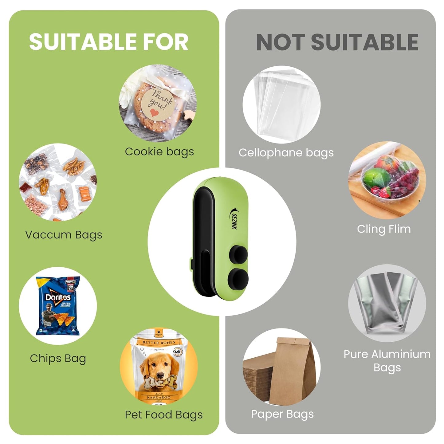 Seznik Sealing Machine for Food Packets - Portable Handheld Sealing, Snacks, Chips, Fresh Storage - Mini Sealing Machine, 1 YEAR Warranty (Dark Green)