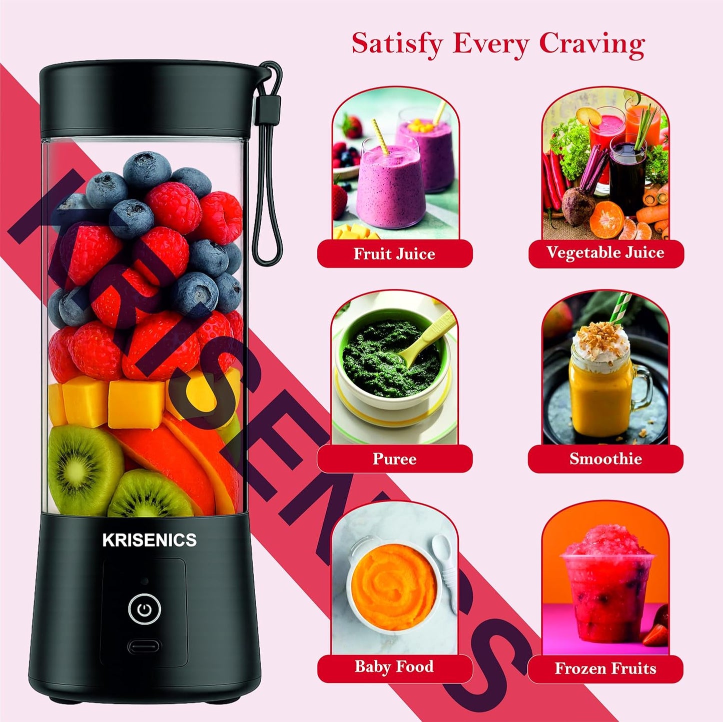 Portable 6-Blade Juicer Blender with built-in Jar,Juice Mixer Bottle,Fruit Juice Machine,USB Rechargeable Personal Size Juicer Grinder for Juices,appliance for Protein&Milk Shakes (Black, 380ML)