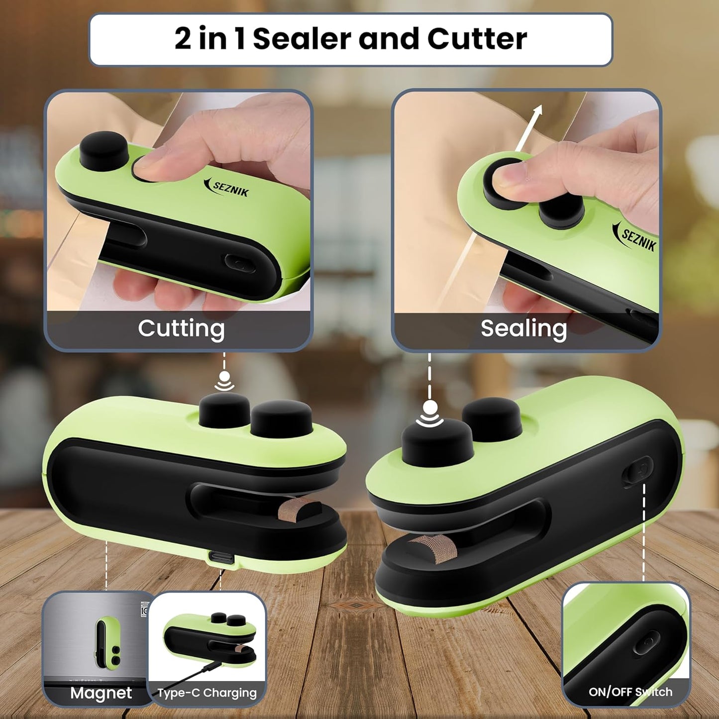 Seznik Sealing Machine for Food Packets - Portable Handheld Sealing, Snacks, Chips, Fresh Storage - Mini Sealing Machine, 1 YEAR Warranty (Dark Green)