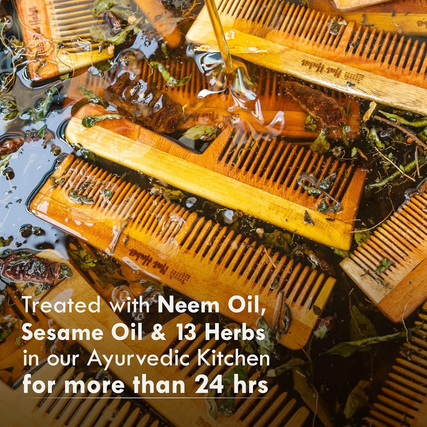 Nat Habit Kacchi Neem Wooden Comb, Soaked In 17 Herbs Neem & Sesame Oil For Multi-Actions - Detangling, Frizz Control & Shine,Suited For All Hair Types (Dual Tooth)