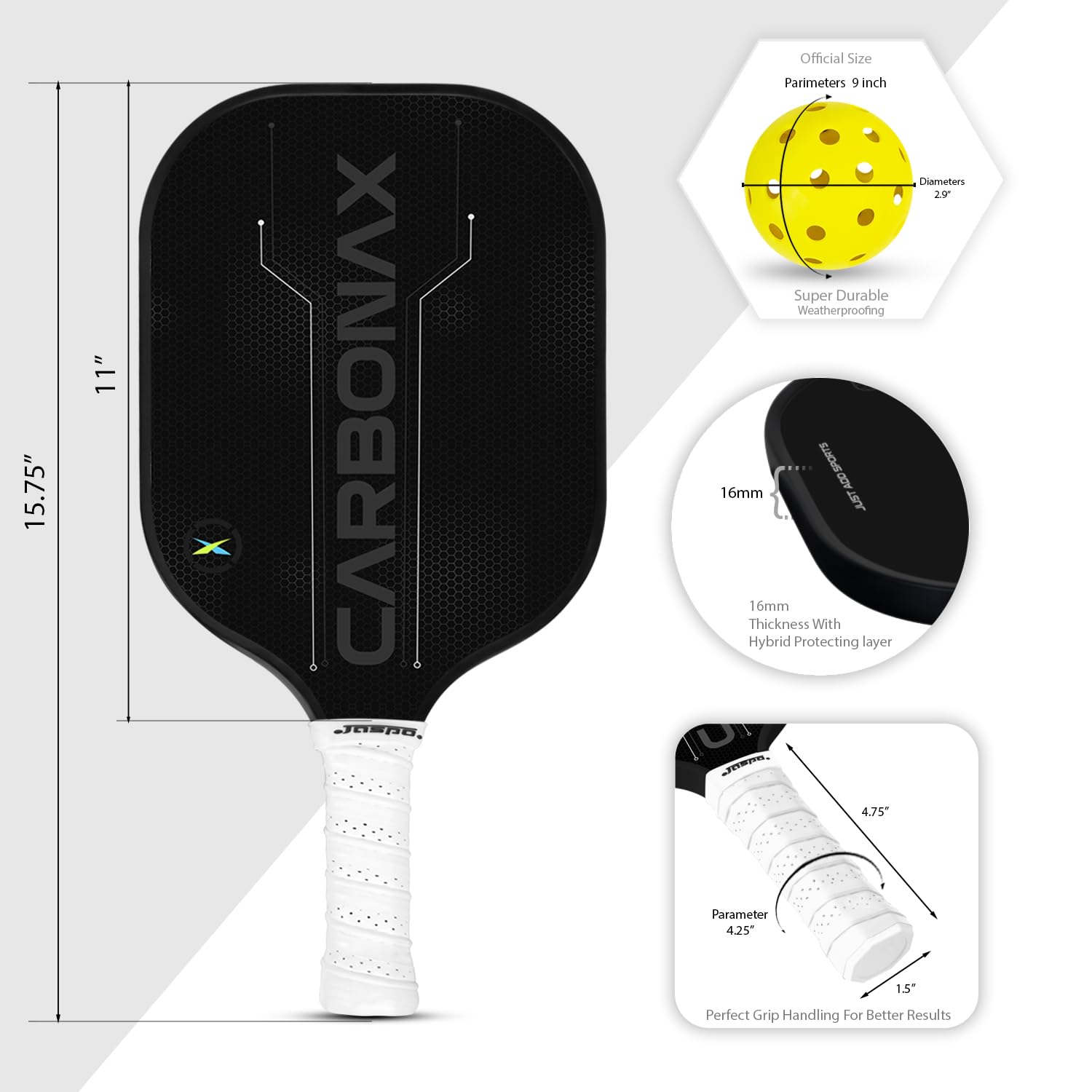 Jaspo Pickle Ball Paddle Carbon Fibre 16mm, Paddle Pickleball Set, 2 Lightweight Paddles, 4 Pickleballs & Carry Bag,PP Honeycomb Core, TPU Edge Guard, Cushioned Anti-Slip Handle (Carbonax)