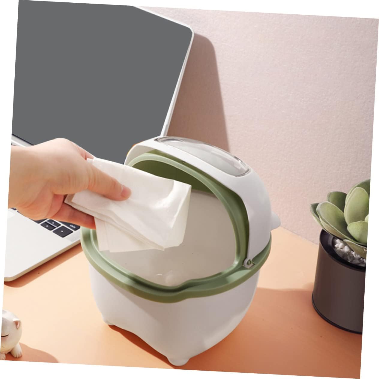 KEYOZA Trash Can Cartoon Bear Large Capacity Wide Opening Anti-slip with Lid Dust Case Flip Cover Mini Desktop Garbage Storage Bin (GREEN)