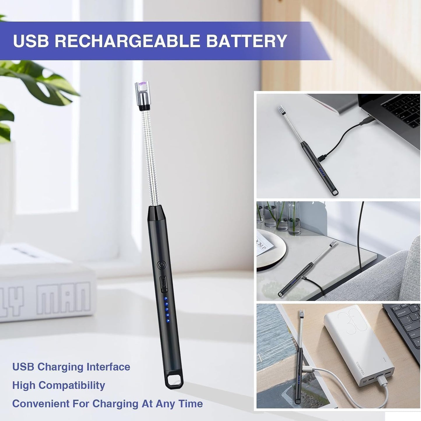 Waafy Gas Lighter for Kitchen Use | C-Type Rechargeable Electric Lighter Stove & Candle Lighter with USB Charging Port | 1 Year Warranty | 400 Uses in Single Charge (1)