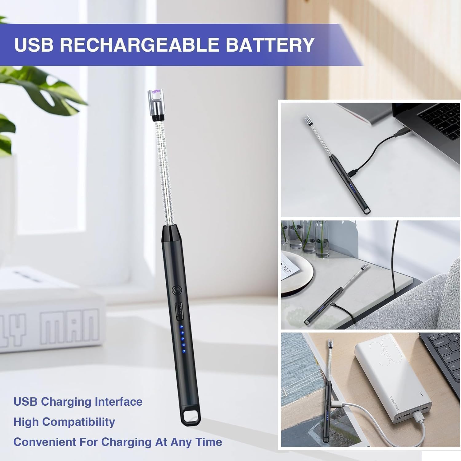 Waafy Gas Lighter for Kitchen Use | C-Type Rechargeable Electric Lighter Stove & Candle Lighter with USB Charging Port | 1 Year Warranty | 400 Uses in Single Charge (1)