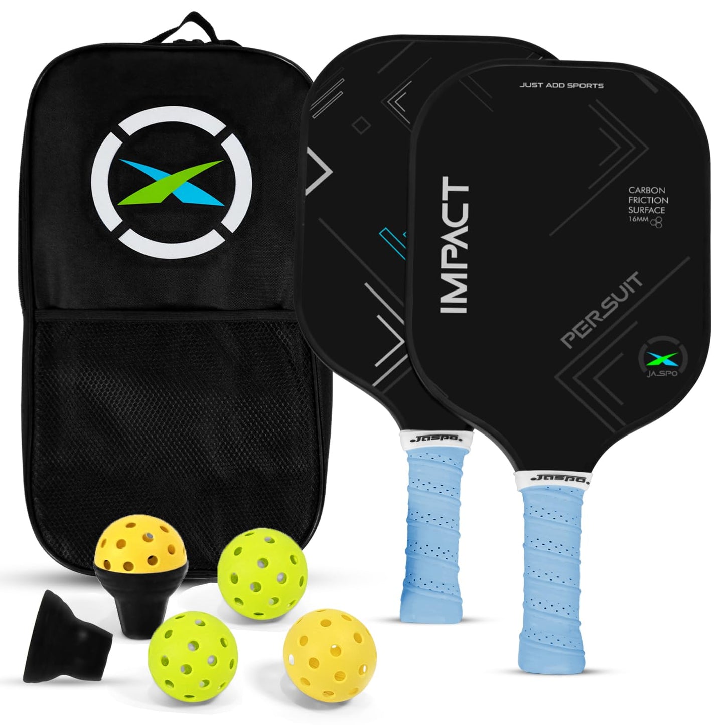 Jaspo Pickle Ball Paddle Carbon Fibre 16mm, Paddle Pickleball Set, 2 Lightweight Paddles, 4 Pickleballs & Carry Bag,PP Honeycomb Core, TPU Edge Guard, Cushioned Anti-Slip Handle (Carbonax)