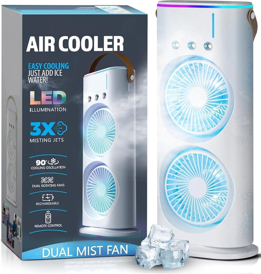 PYXBE USB Portable Cooling Fan with Remote Control,Rotatable with water Tank Mini Air Cooler,280ml 7Colors Light Rechargeable Mist Cooling Fan,Bedroom,Foldable Kick Scooter,Old Boy Gir (A-White)