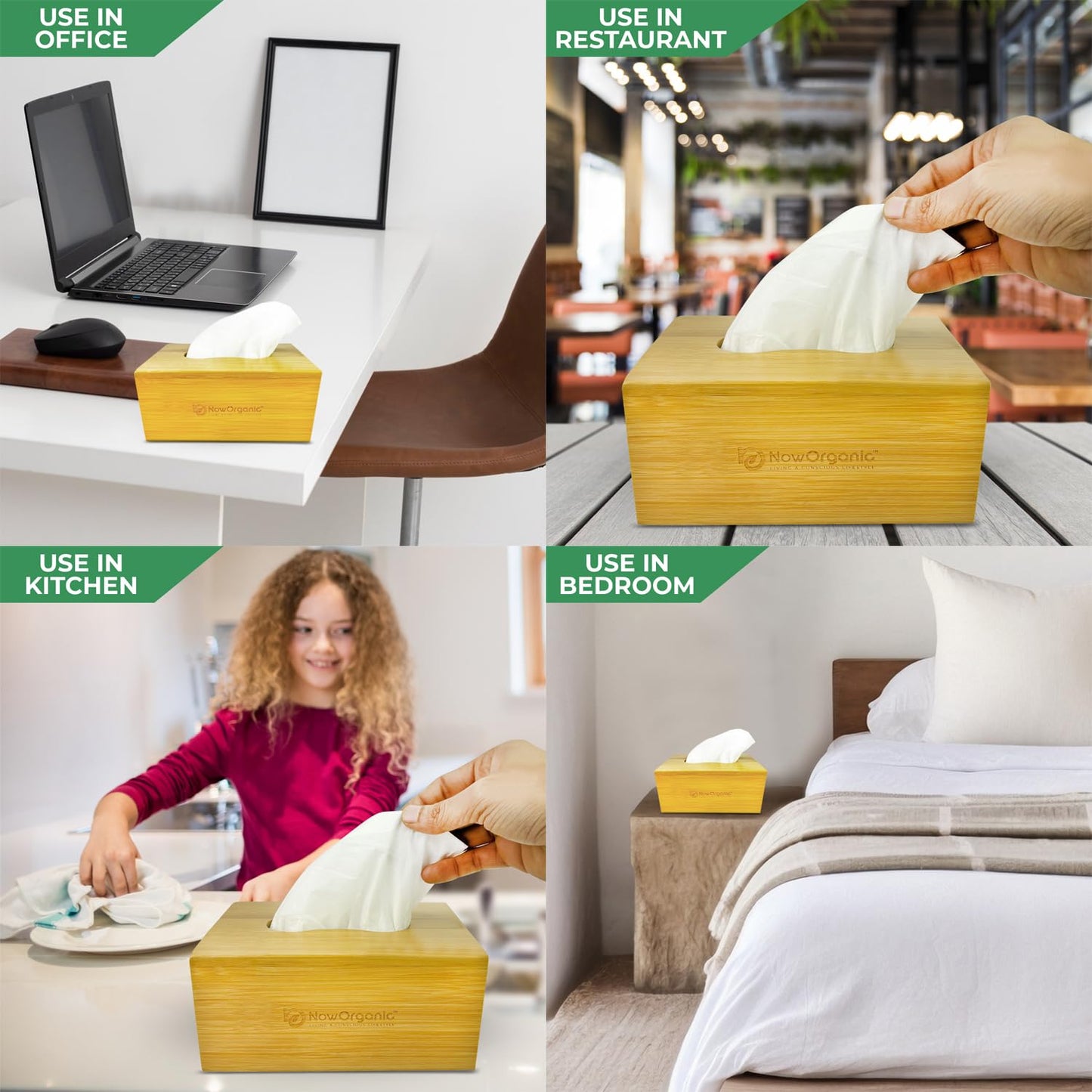 Now Organic Brand Bamboo Premium 100% Bamboo Tissue Box Cover - Stylish Wood Holder for Facial Tissues - Eco-Friendly Decor for Home and Office 25.5x13 cm (10x5.1'')