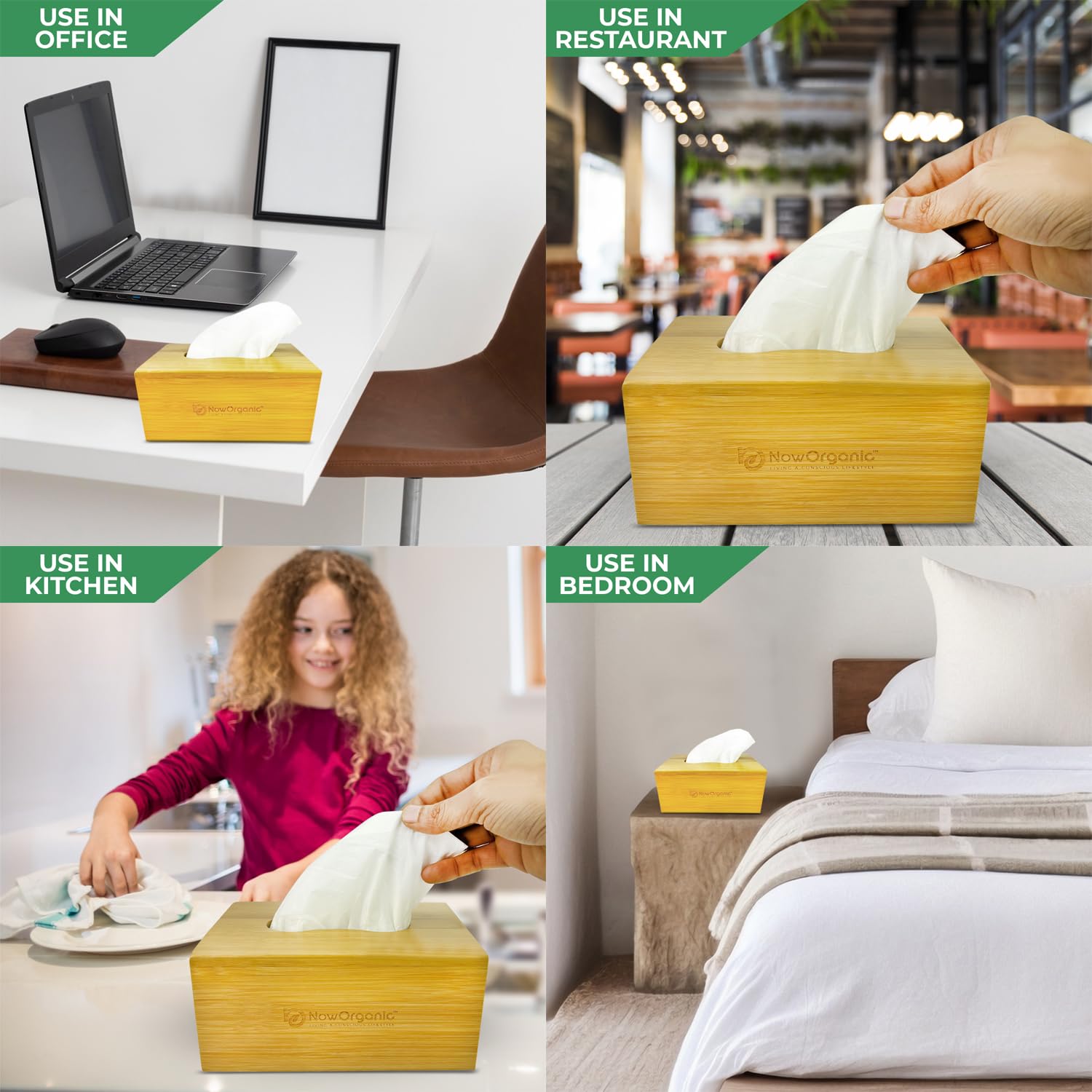 Now Organic Brand Bamboo Premium 100% Bamboo Tissue Box Cover - Stylish Wood Holder for Facial Tissues - Eco-Friendly Decor for Home and Office 25.5x13 cm (10x5.1'')
