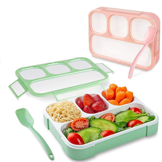 REDITEX Plastic Leak Proof 4 Compartment Lunch Box Reusable Microwave Freezer Safe Food Containers with Spoon for Adults and Kids (1Pc-Multicolor),1100ML