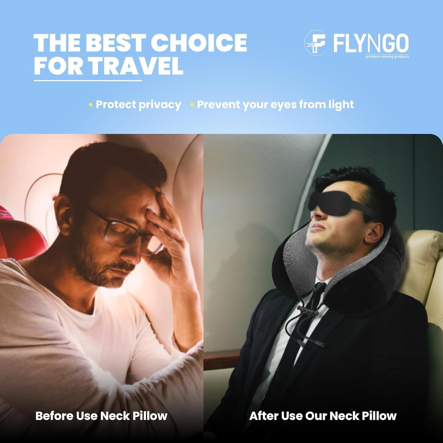 FLYNGO Memory Foam Neck Pillow for Travel Neck Support Pillow with Rest Eye Mask, Noise Isolating Ear Plugs Portable Combo (Black, pack of 1)