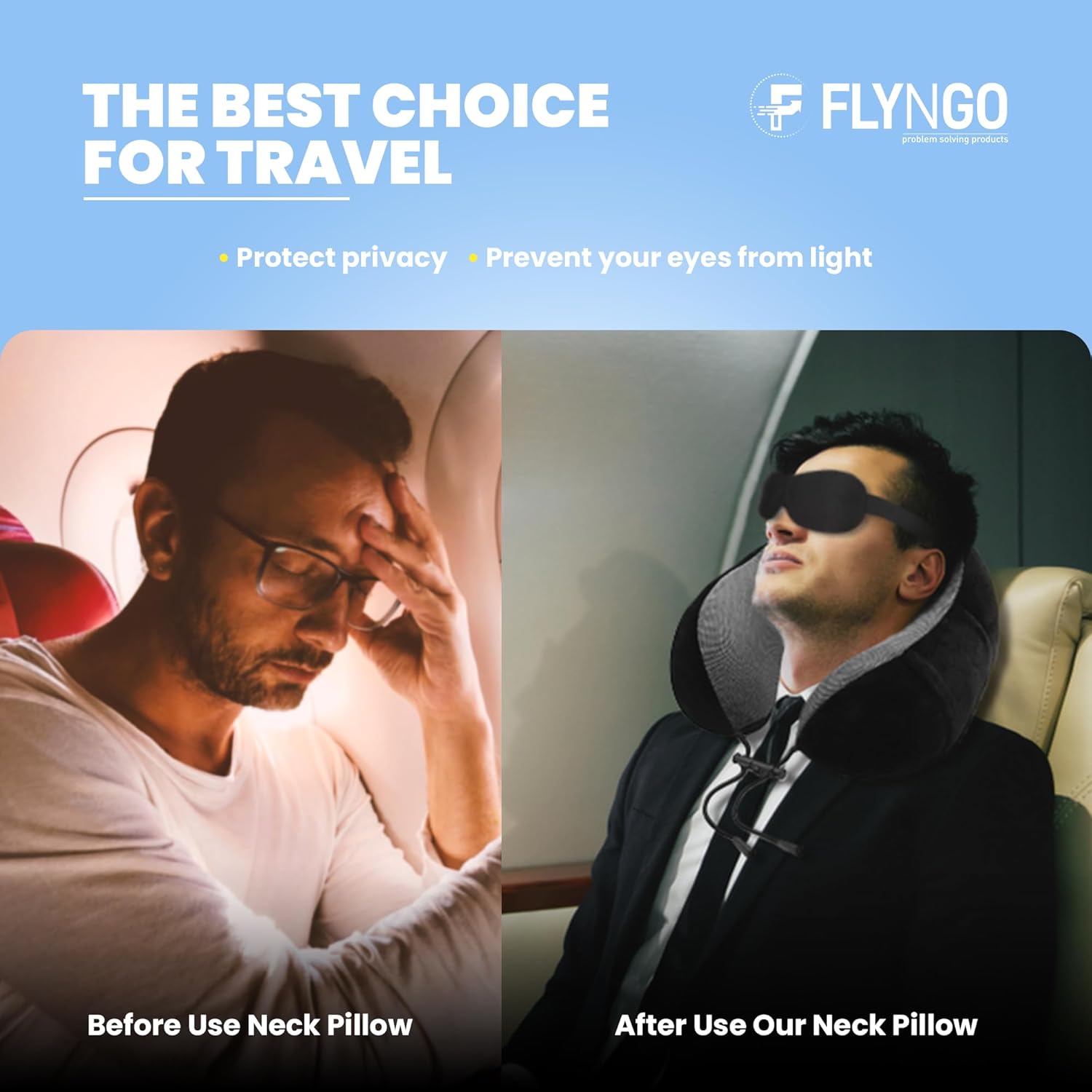 FLYNGO Memory Foam Neck Pillow for Travel Neck Support Pillow with Rest Eye Mask, Noise Isolating Ear Plugs Portable Combo (Black, pack of 1)
