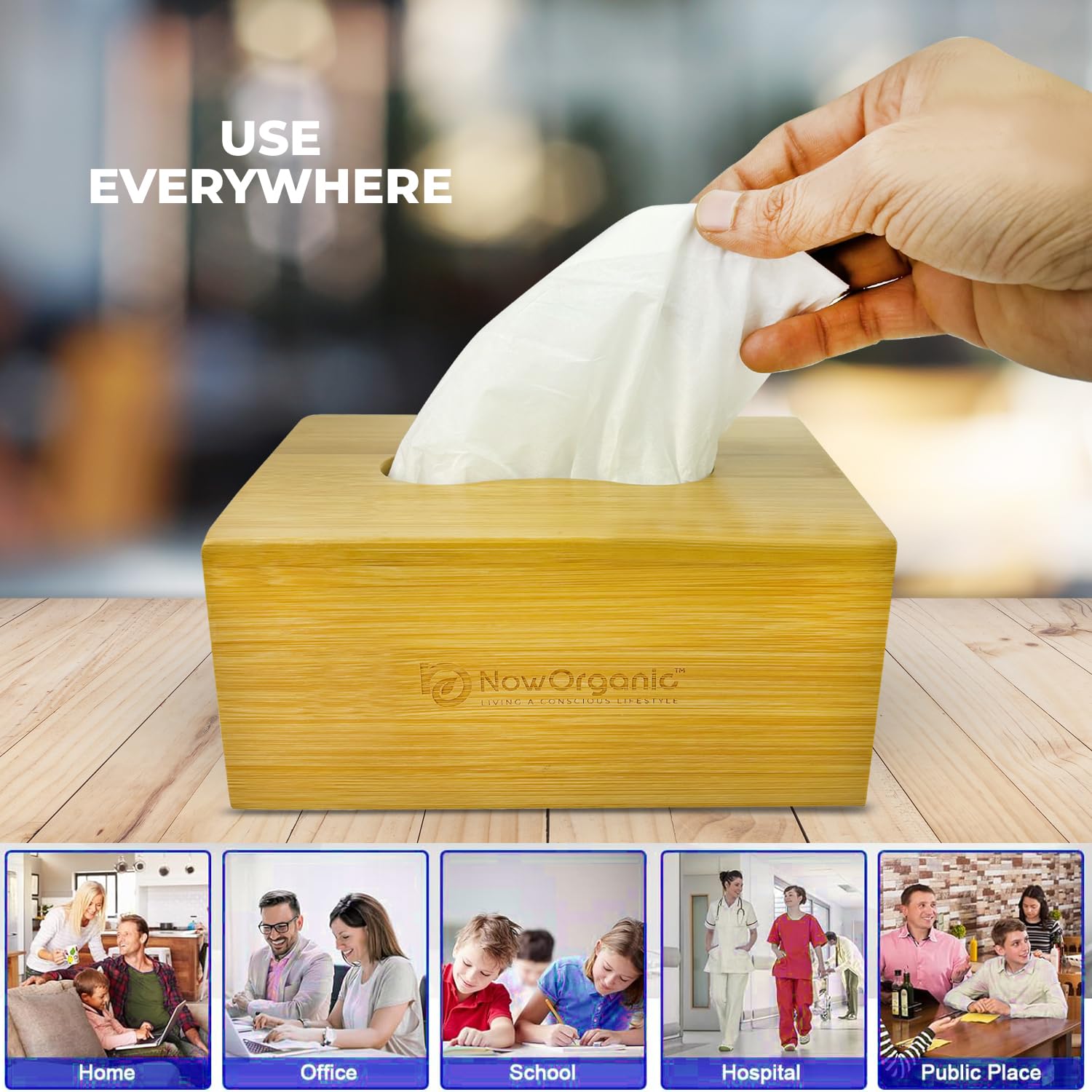 Now Organic Brand Bamboo Premium 100% Bamboo Tissue Box Cover - Stylish Wood Holder for Facial Tissues - Eco-Friendly Decor for Home and Office 25.5x13 cm (10x5.1'')