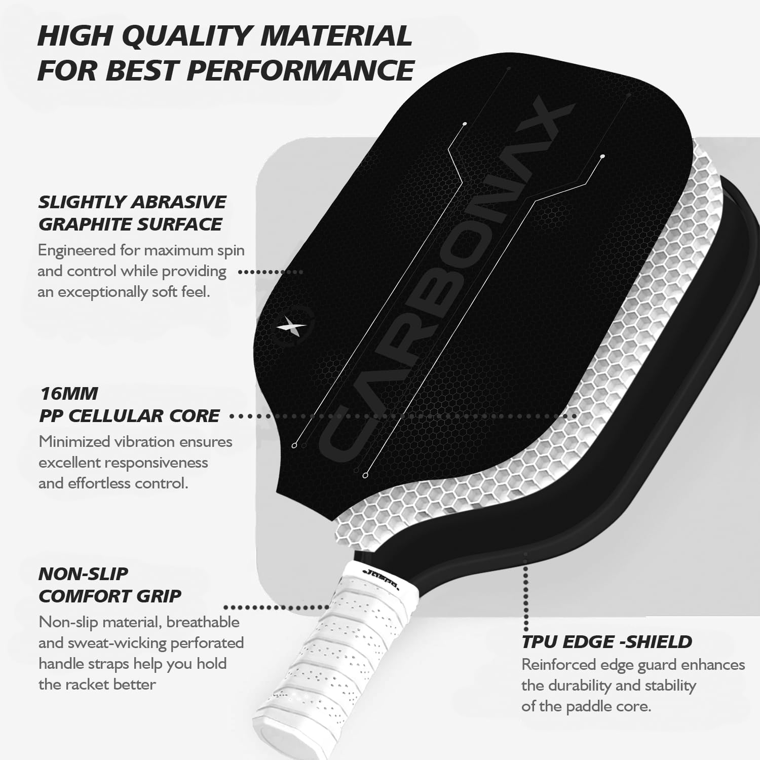 Jaspo Pickle Ball Paddle Carbon Fibre 16mm, Paddle Pickleball Set, 2 Lightweight Paddles, 4 Pickleballs & Carry Bag,PP Honeycomb Core, TPU Edge Guard, Cushioned Anti-Slip Handle (Carbonax)