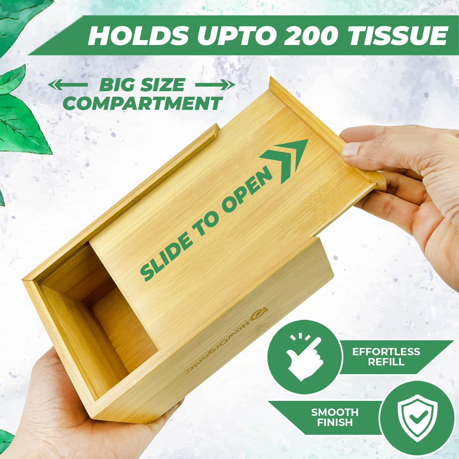 Now Organic Brand Bamboo Premium 100% Bamboo Tissue Box Cover - Stylish Wood Holder for Facial Tissues - Eco-Friendly Decor for Home and Office 25.5x13 cm (10x5.1'')