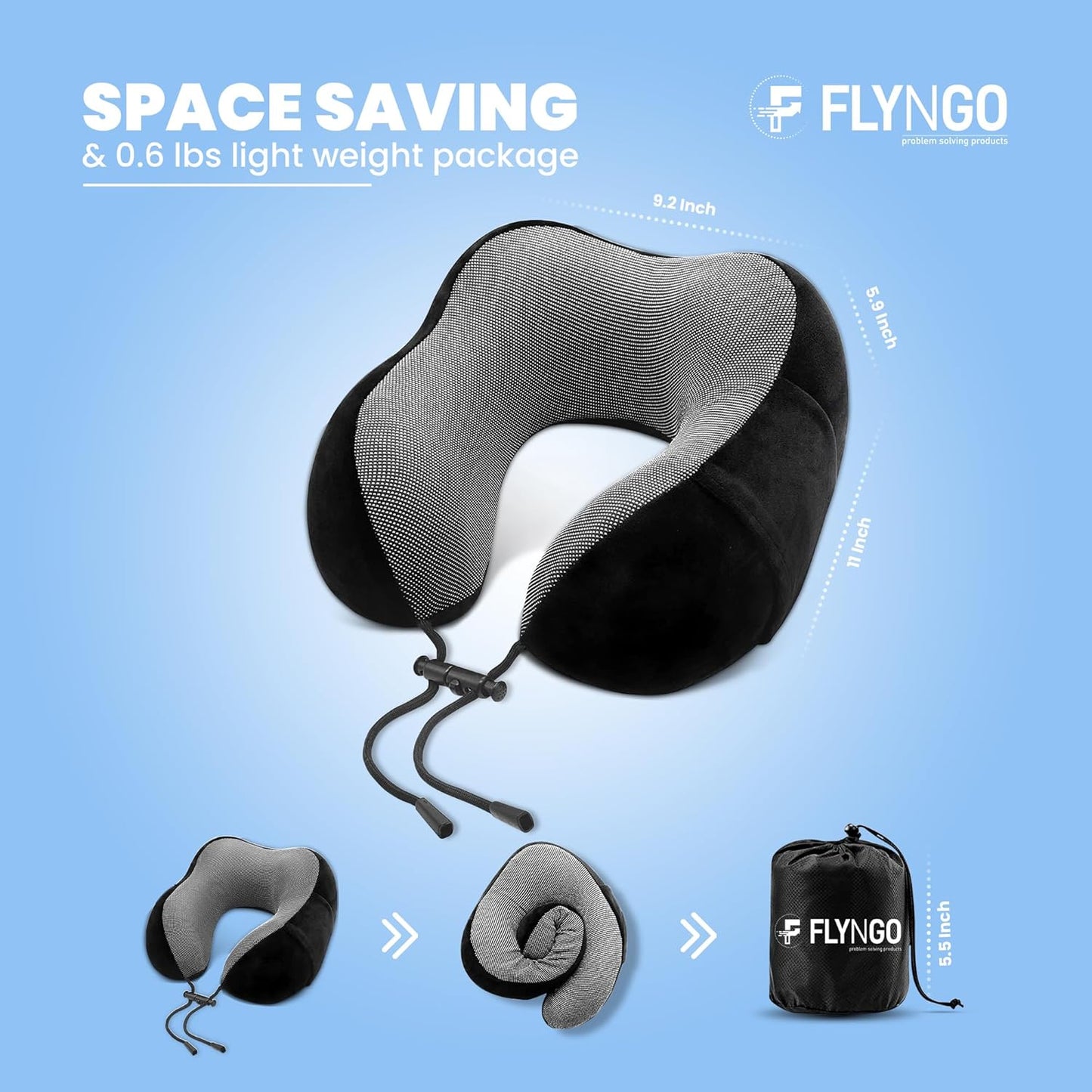 FLYNGO Memory Foam Neck Pillow for Travel Neck Support Pillow with Rest Eye Mask, Noise Isolating Ear Plugs Portable Combo (Black, pack of 1)