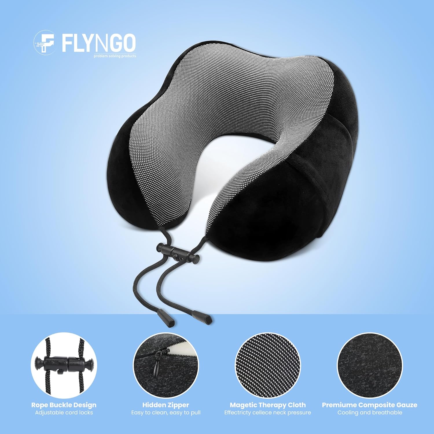 FLYNGO Memory Foam Neck Pillow for Travel Neck Support Pillow with Rest Eye Mask, Noise Isolating Ear Plugs Portable Combo (Black, pack of 1)