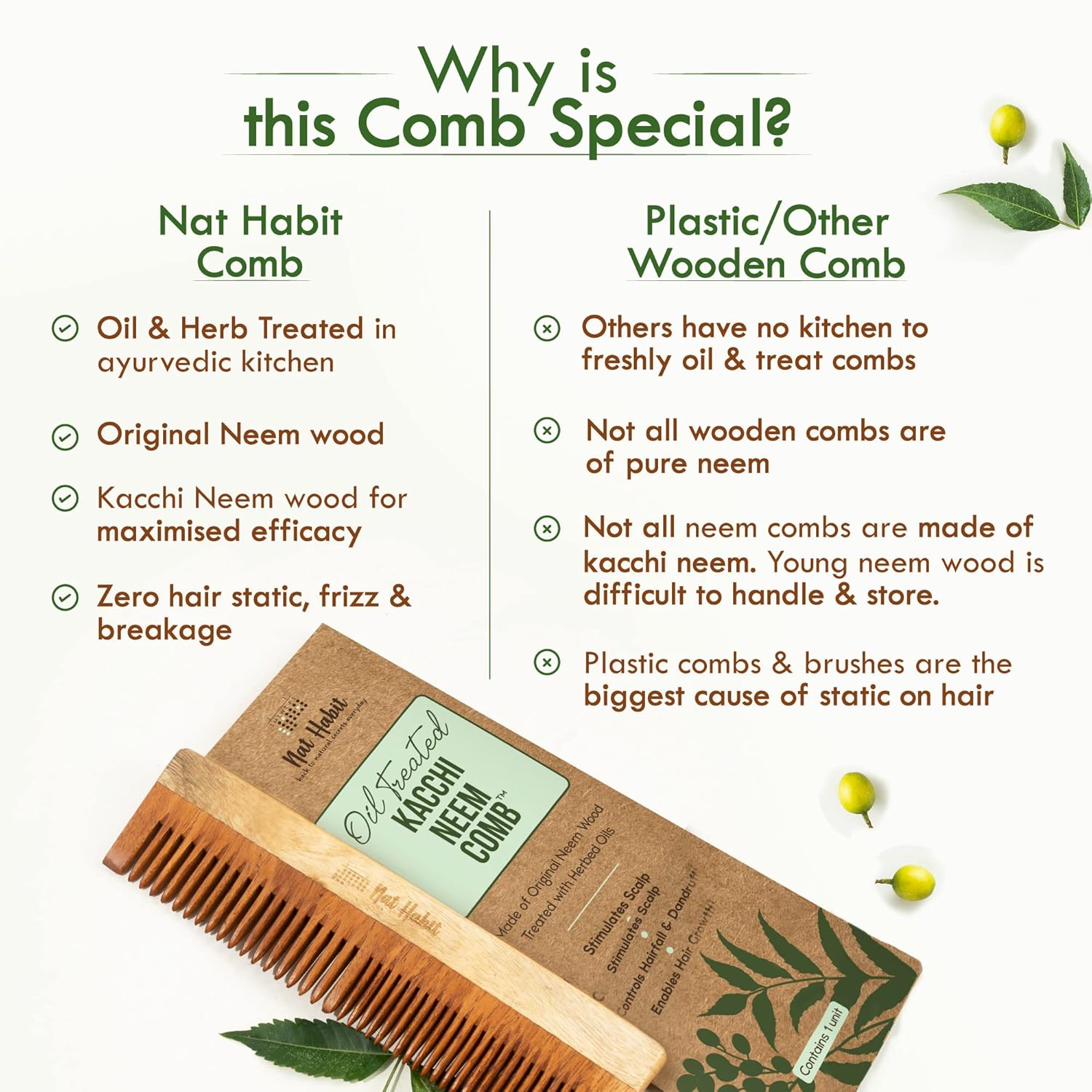 Nat Habit Kacchi Neem Wooden Comb, Soaked In 17 Herbs Neem & Sesame Oil For Multi-Actions - Detangling, Frizz Control & Shine,Suited For All Hair Types (Dual Tooth)