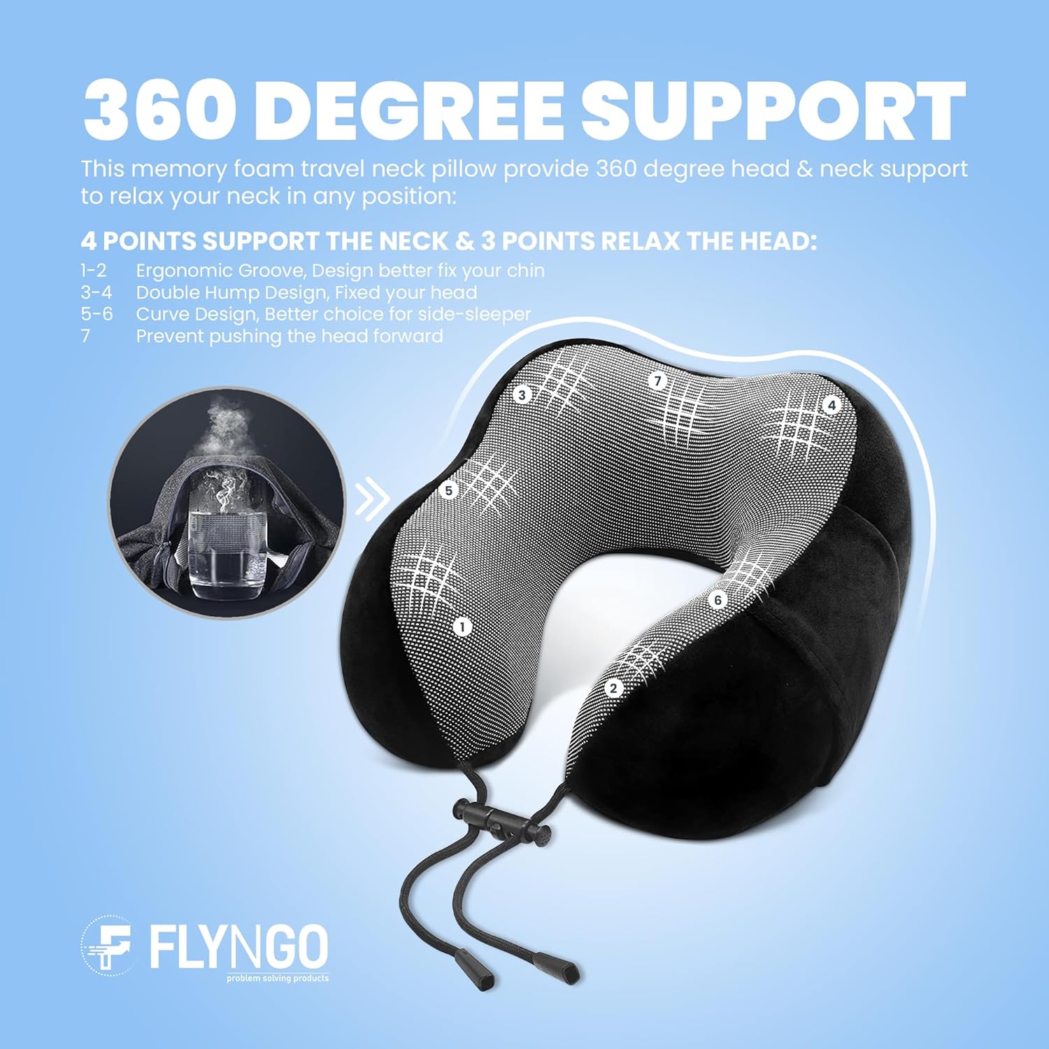 FLYNGO Memory Foam Neck Pillow for Travel Neck Support Pillow with Rest Eye Mask, Noise Isolating Ear Plugs Portable Combo (Black, pack of 1)