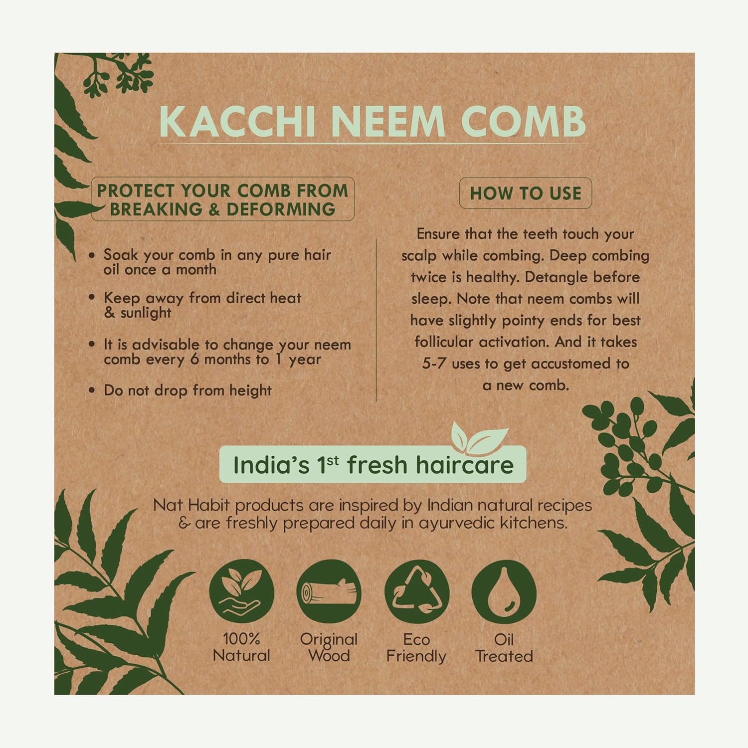 Nat Habit Kacchi Neem Wooden Comb, Soaked In 17 Herbs Neem & Sesame Oil For Multi-Actions - Detangling, Frizz Control & Shine,Suited For All Hair Types (Dual Tooth)