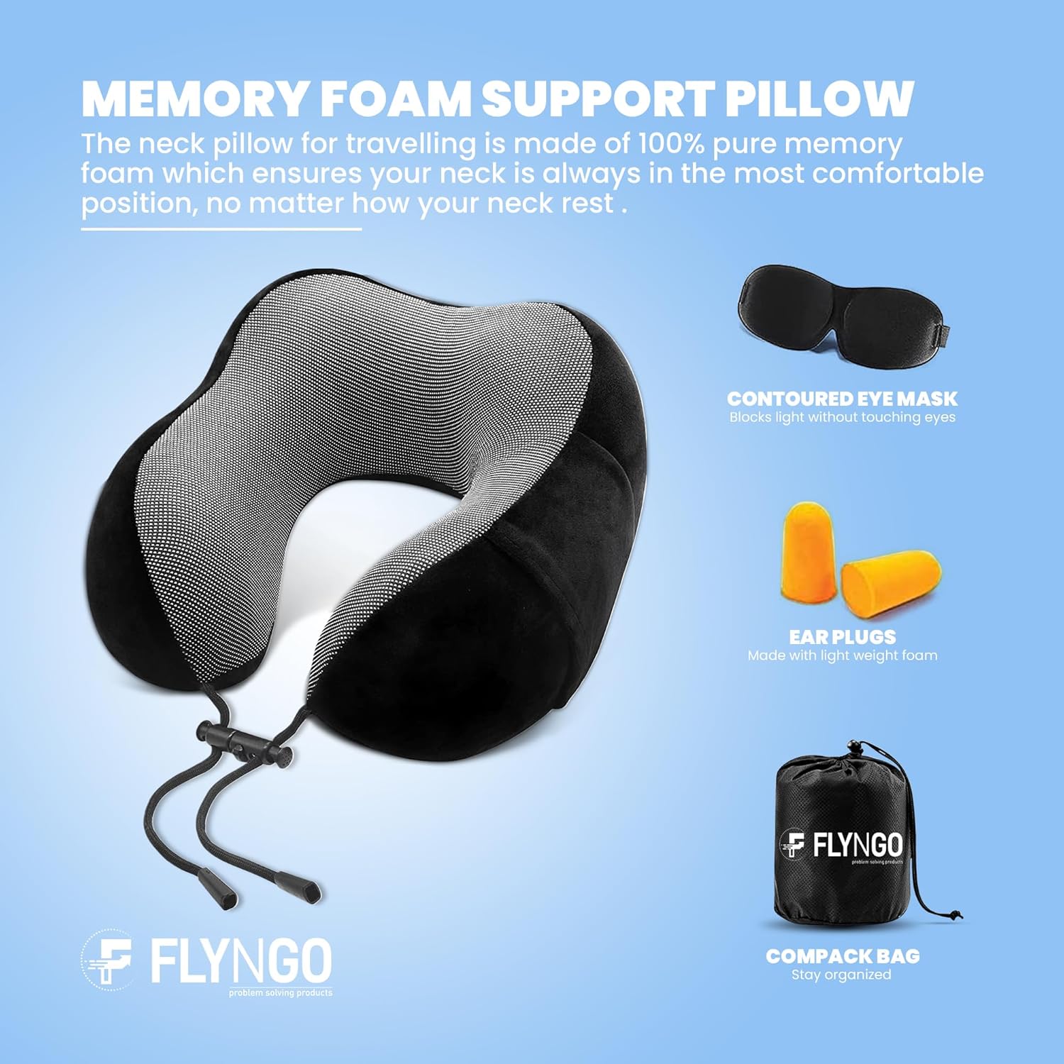 FLYNGO Memory Foam Neck Pillow for Travel Neck Support Pillow with Rest Eye Mask, Noise Isolating Ear Plugs Portable Combo (Black, pack of 1)
