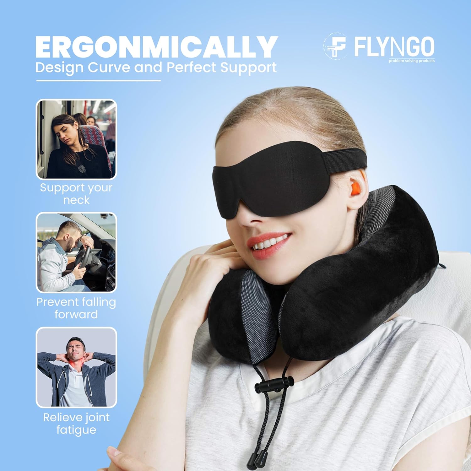 FLYNGO Memory Foam Neck Pillow for Travel Neck Support Pillow with Rest Eye Mask, Noise Isolating Ear Plugs Portable Combo (Black, pack of 1)