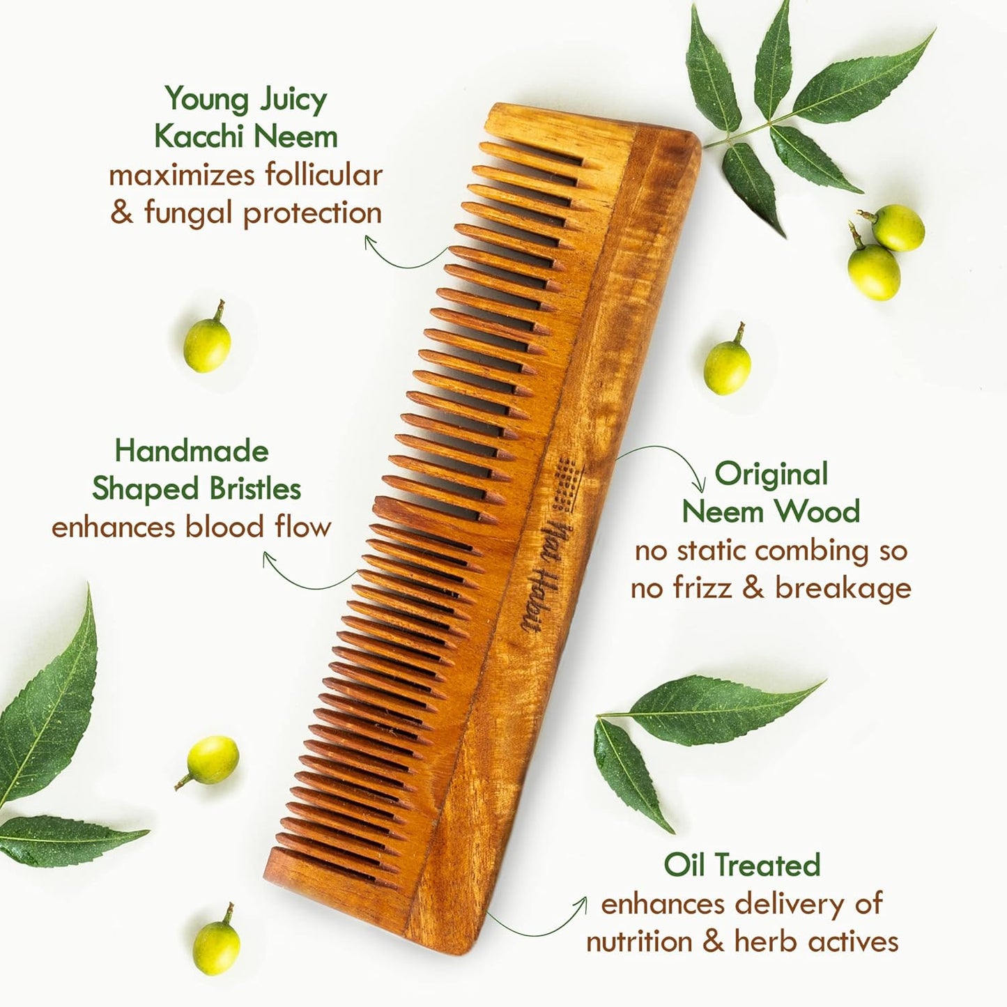 Nat Habit Kacchi Neem Wooden Comb, Soaked In 17 Herbs Neem & Sesame Oil For Multi-Actions - Detangling, Frizz Control & Shine,Suited For All Hair Types (Dual Tooth)